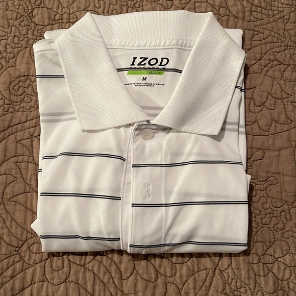 Izod Golf Polo. White with Black and Grey Stripes. Medium. - Picture 1 of 3